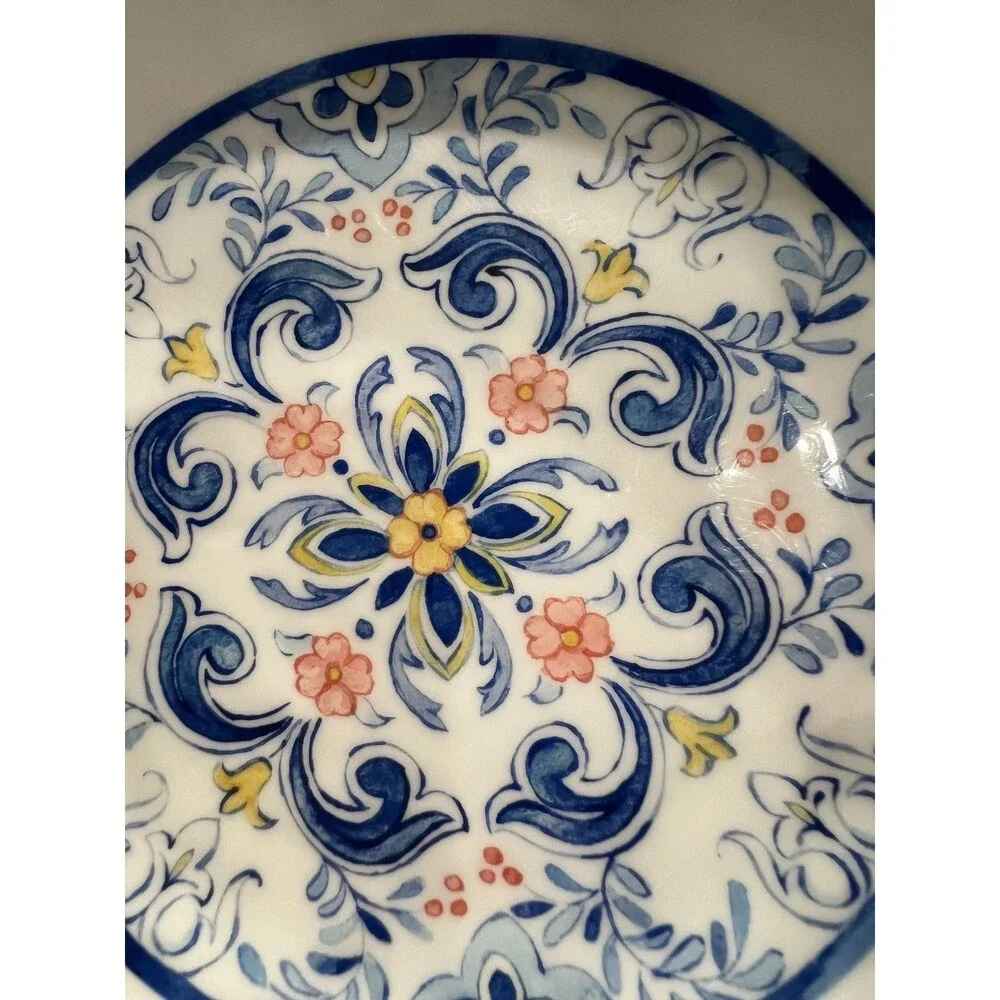 Melamine Pasta Bowls Mediterranean Print Blue Yellow On White Tan Rim Set of 4